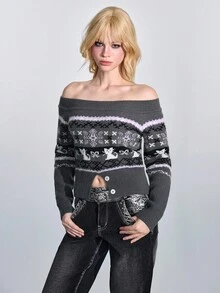 ROMWE Avant Suéter de punto vintage estilo Fairisle con hombros descubiertos para mujer - Blanco - Ver 5