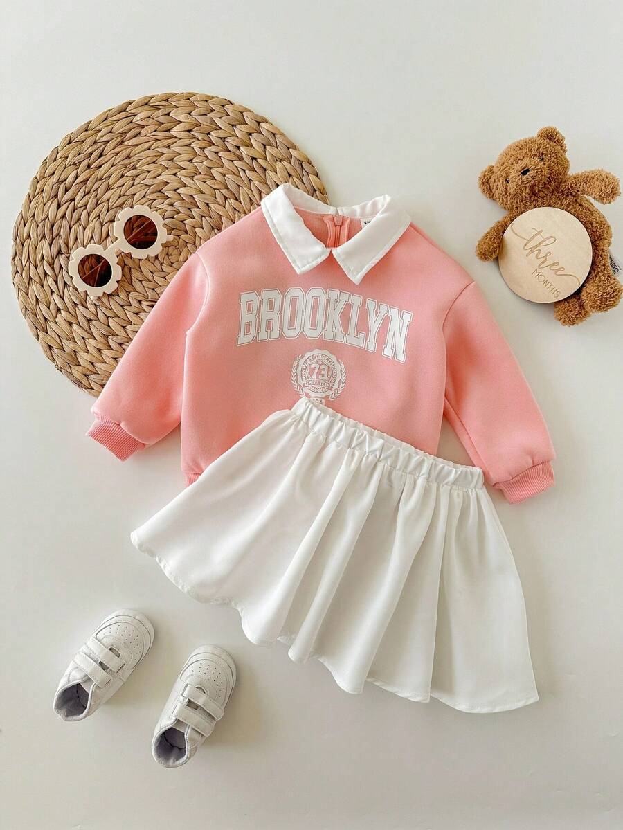 SHEIN Babygirl 可爱百搭字母图案翻领卫衣和迷你裙套装，秋冬 - 彩色 - 查看 1