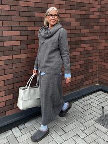 Vivie Lora Women's Sweater And Knitted Midi Skirt Casual 2 Pieces Set Vacation Long Sleeve Tops - Grey - View 5