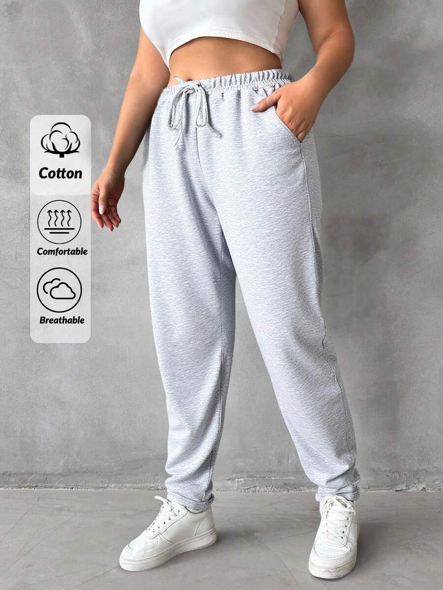 RueChic Plus Drawstring Waist Slant Pocket Sweatpants - Grey - View 1