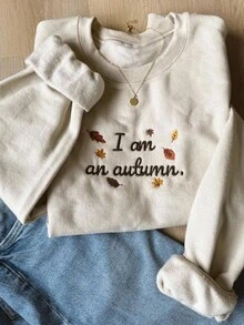 INAWLY 女式休闲宽松保暖内衬运动衫，带标语和枫叶刺绣，秋冬 - 杏色 - 查看 1