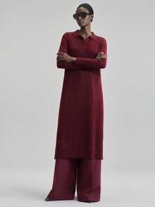 Ontre 2025 年新款针织混纺中长连衣裙，酒红色，柔软针织面料，修身直筒廓形，领口半拉链，商务休闲，办公室着装，秋冬装，适合万圣节、圣诞节、教师、女士办公室着装 - 酒紅色 - 查看 2