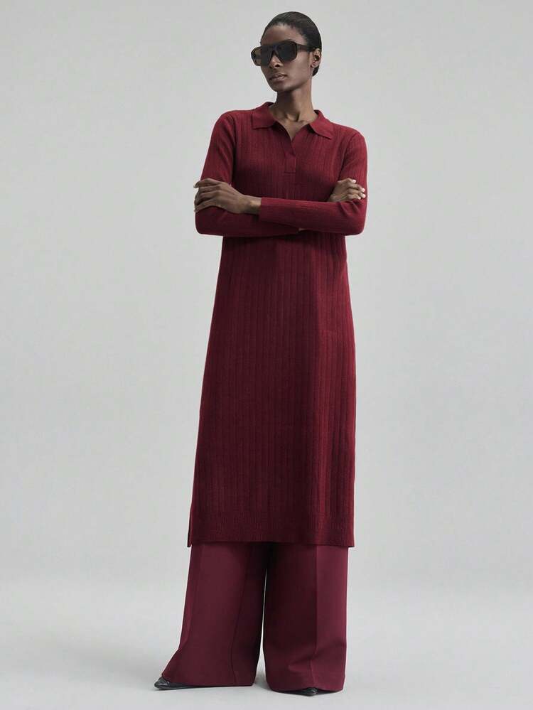 Women's Elegant Burgundy Knitted Mid-Length Dress,Autumn Soft Wool Blend Fabric,Half-Zip Collared Straight Silhouette,Everyday Business Office Wear