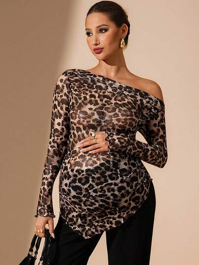 MaterniChic Autumn And Winter Maternity Vintage Leopard Print Asymmetric Hem Long Sleeve T-Shirt, Autumn Elegant Dresses For Party  Leopard Print
