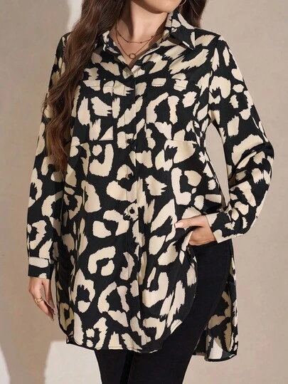 SHEIN LUNE Talla grande Camisa con estampado con botón delantero