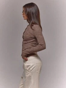 MUSERA Áo sơ mi dài tay cài cúc bất đối xứng cổ tròn kẻ sọc gân sọc phong cách mùa thu, kiểu dáng cổ điển, dễ thương, đồng quê, phong cách nhà tranh, thường ngày, thoải mái cho nữ, màu caramel, thanh lịch, mùa xuân hè, ngày lễ. - màu nâu - Xem 4