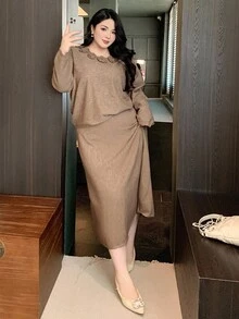 Dazy Plus 2 件套优雅大码女式花卉 V 领宽松针织毛衣和裙子套装秋冬 - 卡其色 - 查看 6