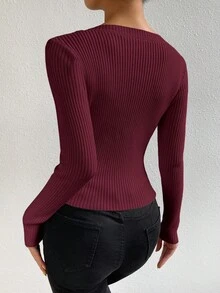 EMERY ROSE Elegant Minimalist Solid Color Fitted Long Sleeve Sweater - Redwood - View 2