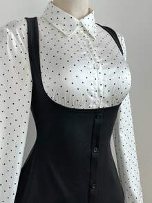 Elamini 女士缎面波点束腰长袖衬衫和吊带裙两件套，适合秋冬季日常穿着、通勤和聚会 - 彩色 - 查看 4