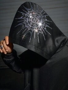 AXEPEAK 男士水钻装饰图案卫衣，宽松连帽卫衣，适合秋冬 - 黑色 - 查看 2