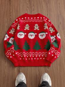 SWAVVY Men's Santa Claus & Gingerbread Man Pattern Crew Neck Loose Fit Casual Sweater, Autumn/Winter, Christmas