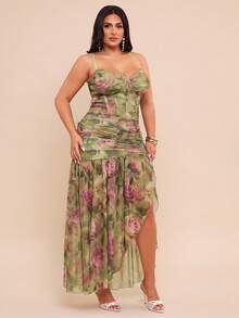 SHEIN BAE Plus Size Women's Green Spaghetti Strap Dress,Light Pink,Summer,Rave,Wedding Ninang Slit Ruched Elegant Wedding Guest Formal Dress,Fall Autumn Outfits - Green - View 7