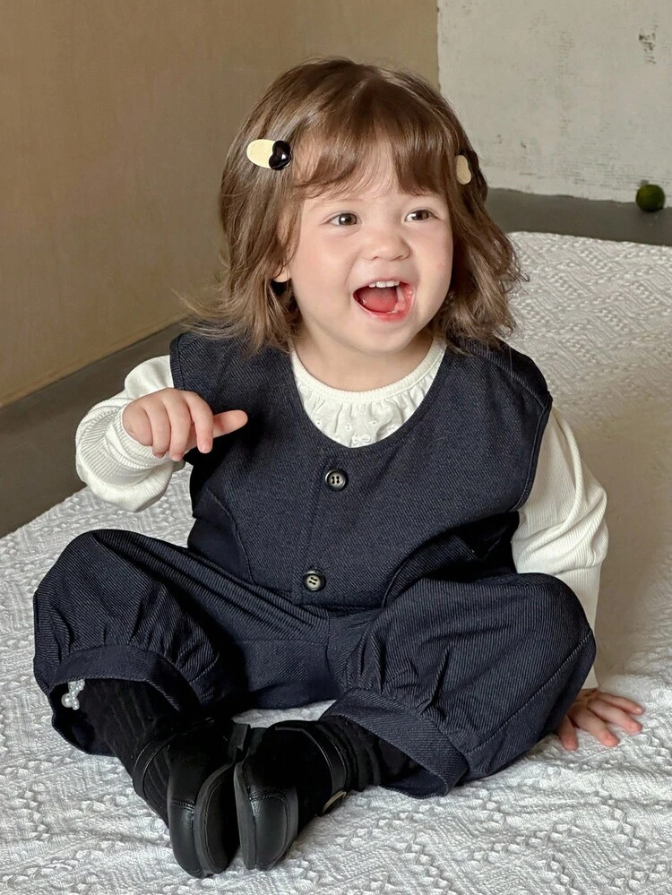 2pcs Baby Girls Solid Color Loose Shirt And Wide Leg Pants Set Toddler Girls Clothes