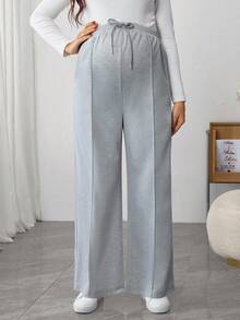 SHEIN Women's Lace-Up Solid Color Fashionable Wide Leg Pants, Casual Maternity Sweatpants - Grey - View 3