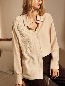 Écloséra Women's Commuting Daily Versatile Long-Sleeved Three-Dimensional Flower Decoration Women's Autumn And Winter Shirt Tops Women's Shirts Women's Shirts Long-Sleeved Tops Women's Elegant Shirts Women's Casual Shirts - Khaki - View 7