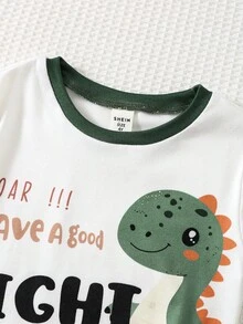 SHEIN 2 件儿童男童休闲恐龙印花圆领长袖上衣和紧身裤 2 件家居服套装 - 彩色 - 查看 4