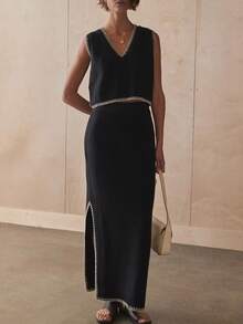 SHEIN Frenchy 2件套女士休闲无袖短款上衣和裙子针织毛衣套装 - 彩色 - 查看 4