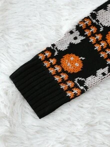 Elamini Halloween Dark Women Crew Neck Cat & Pumpkin Pattern Knitted Sweater Top - Multicolor - View 3