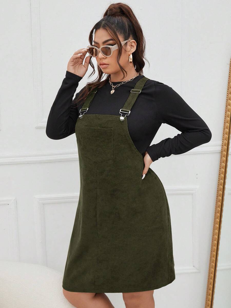 SHEIN EZwear Plus Solid Overall Dress Without Tee, Winter - Army Green - View 1