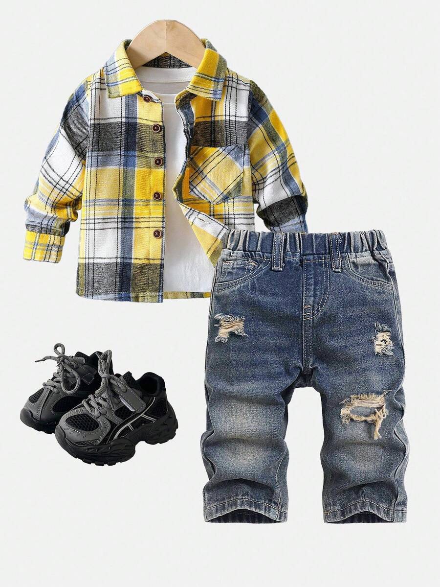SHEIN Toddler Boys' Retro Blue Denim Ripped Straight Leg Jeans - Dark Wash - View 1