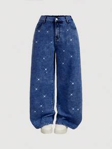 SHEIN MOD Celana Jeans Kasual Kaki Lebar Ukuran Besar dengan Hiasan Rhinestone dan Kantong - Dark Wash - View 6