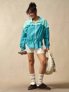 VARSIVA Ruffled Splice Zipper Casual Long Sleeve Sports Jacket - Multicolor - View 3