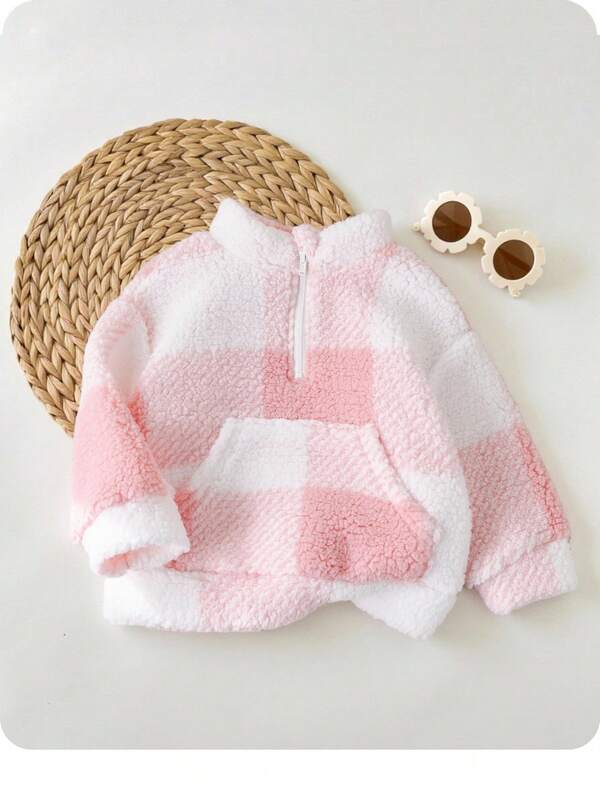 SHEIN Baby Girl Cute And Warm Plaid Fleece Collar Zipper Hoodie, Suitable For Outings, Autumn/Winter (2 Pieces Mommy And Me Matching Outfits Are Sold Separately)