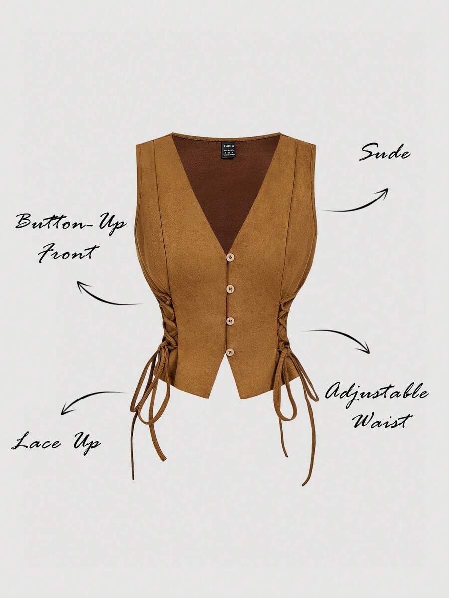 SHEIN MOD 女士复古绒面交叉带背心 - 卡其色 - 查看 1
