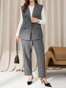 Auralis 大码女装秋冬时尚休闲宽松舒适日常通勤复古深灰色马甲西装外套和紧身裤套装，工作服，秋季服装，老钱风格，商务休闲 - 灰色 - 查看 5