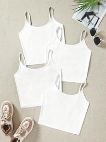 SHEIN EZwear 4 buah Tank Top Kasual Ketat Pendek untuk Wanita, Cocok untuk Musim Panas - Putih - View 4