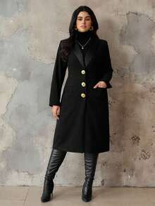 Roveilla 大码女式优雅黑色长袖束腰金色纽扣装饰中长款西装外套 - 黑色 - 查看 6