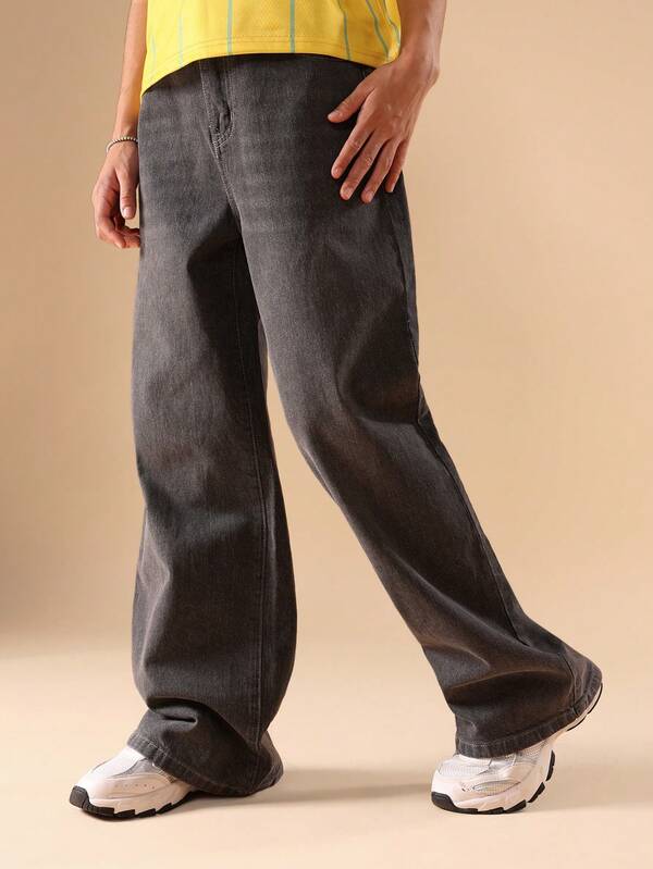 SUMWON Wide Leg Baggy Denim Pants Y2K Style High Waisted Straight Leg Retro Jeans Teen Fashion Loose Fit Fall Winter Street Style