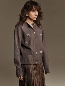 Ontre Women's 5% Wool Blend Knit Cardigan,Loose Fit Waist Design,Elegant Shades Of Brown,Autumn Tea Party,Modern Urban Office Wear,Old Money Style,Dark Grey - Dark Grey - View 6