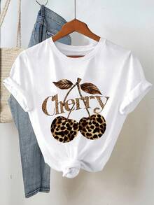 EMERY ROSE 女士字母和樱桃印花圆领短袖 T 恤和条纹短裤休闲两件套 - 彩色 - 查看 4