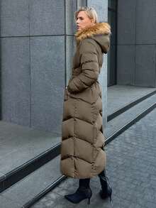 EURMUSE Gesteppter Kunstpelz Kapuzen Damen Daunenjacke, leuchtender Stoff, modisch und warm im Winter