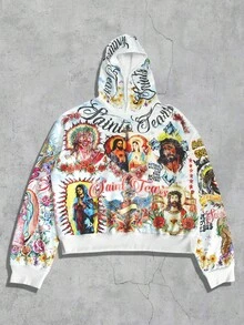 ROMWE MEN Street Life 男士街头图案印花连帽卫衣，秋冬 - 白色 - 查看 1