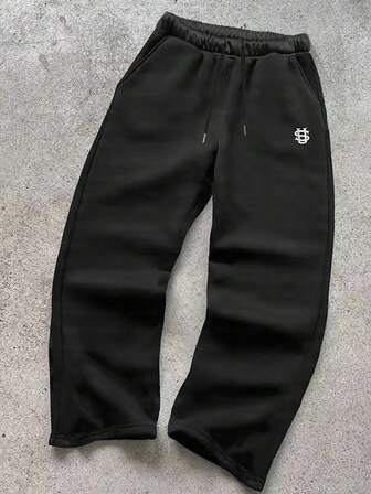 Manfinity Dauomo Unisex lösa raka byxor - Elastiskt dragskobälte, Streetstyle-byxor för alla årstider, Lämpliga för både vardags- och formellt bruk, Maskintvättbara och mångsidiga kläder, Slitstark och slitstark broderidesign, Urban stil