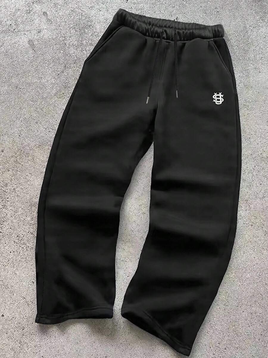 Manfinity Dauomo Unisex Loose Straight-Leg Pants - Elastic Drawstring Belt, All-Season Street Style Casual Trousers, Suitable For Both Daily And Formal Wear, Machine Washable And Versatile Clothing, Durable And Wear-Resistant Embroidery Design, Urban Style - Black - View 1