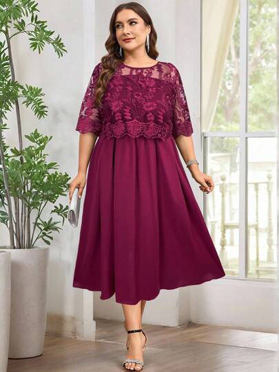 Reflora Plus Size Mesh Patchwork Embroidered Round Neck Elegant Dress