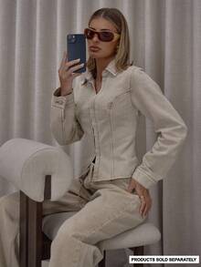 MUSERA 修身钩眼细节收腰长袖牛仔夹克，街头风可爱优雅休闲性感外出必备，焦糖色时尚春夏款 - 卡其色 - 查看 1