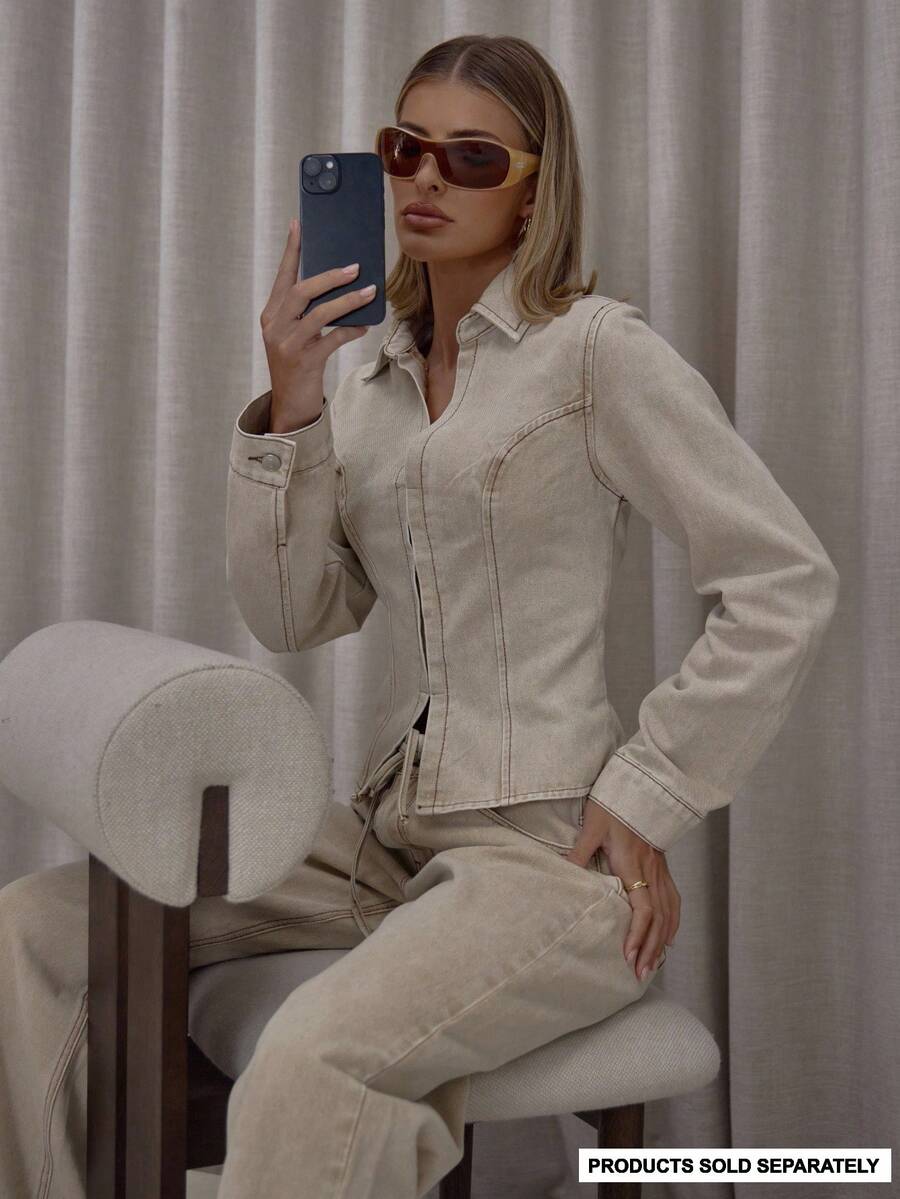 MUSERA 修身钩眼细节收腰长袖牛仔夹克，街头风可爱优雅休闲性感外出必备，焦糖色时尚春夏款 - 卡其色 - 查看 1