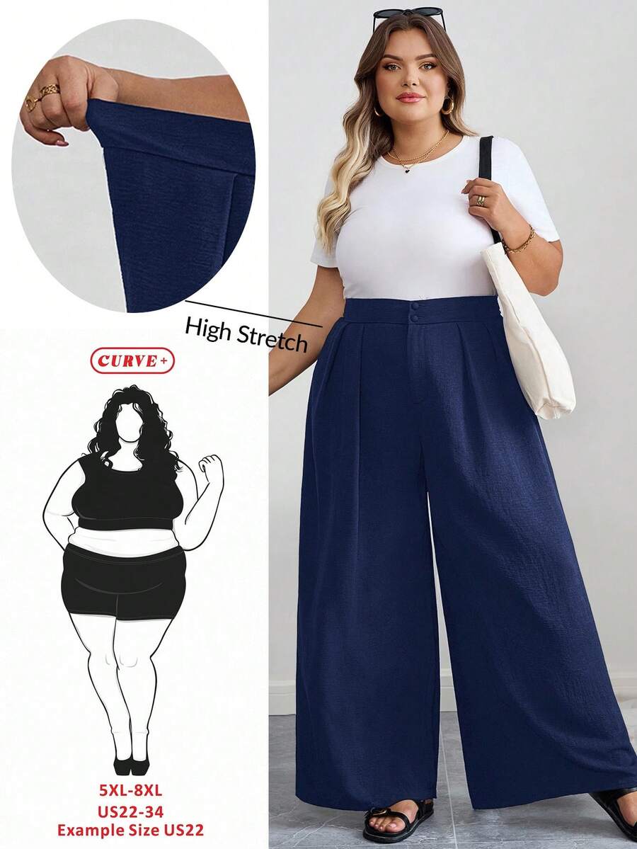 SHEIN CURVE+ Curves 大码/学校服装/返校服装/返校大码女士办公室服装，黑色高腰直筒休闲裤，简约时尚，适合日常穿着 - 藏蓝色 - 查看 1