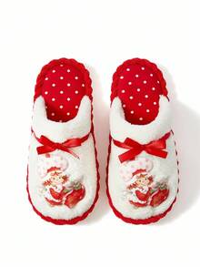Strawberry Shortcake X SHEIN Dép đi trong nhà thời trang & dễ thương họa tiết chấm bi thêu hình dâu tây, chống trượt, dành cho nữ và bé gái, chất liệu mềm mại, ấm áp, đế bền chắc, thích hợp cho phòng ngủ, phòng máy lạnh, mùa xuân và mùa thu, quà tặng ý tưởng - Đỏ - Xem 8