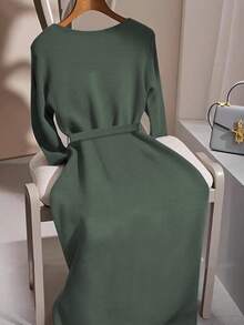 GlowEve Long Sleeve Crew Neck Tie-Up Gray Sweater Dress, Luxurious Minimalist Fashion, Versatile & Elegant, Suitable For Multiple Occasions - Army Green - View 2