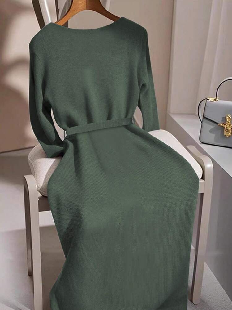 GlowEve Vestido de suéter de cuello redondo de manga larga con lazo en gris, moda minimalista lujosa, versátil y elegante, adecuado para múltiples ocasiones - Verde militar - Añade 2