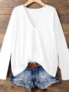 EMERY ROSE Women's V-Neck Loose Casual Versatile Bestselling T-Shirt, Autumn/Winter - White - View 1