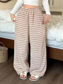 DAZY 女士条纹柔软毛绒宽松睡裤，冬季 - 卡其色 - 查看 4