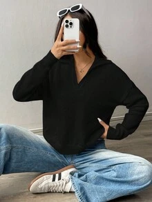 Flirla 女式纯色翻领落肩长袖休闲宽松毛衣，秋冬 - 黑色 - 查看 5