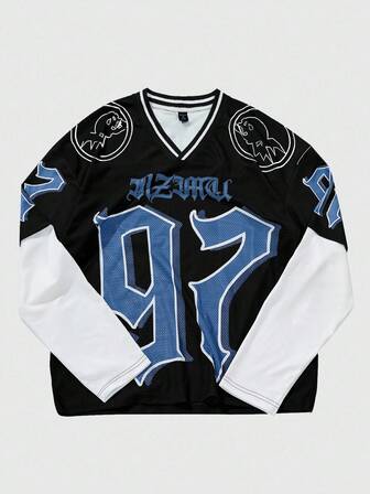 Men's Casual Prep V-Neck 97 Graphic Print Mesh T-Shirt, For Fall