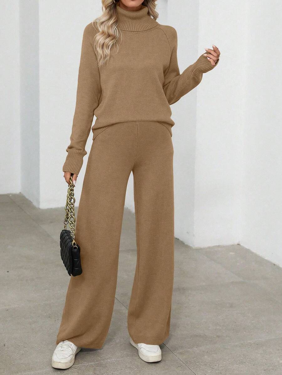 SHEIN LUNE 2pcs Women Casual Solid Color Turtleneck Raglan Sleeve Sweater And Knit Pants Set, Autumn/Winter - Camel - View 1